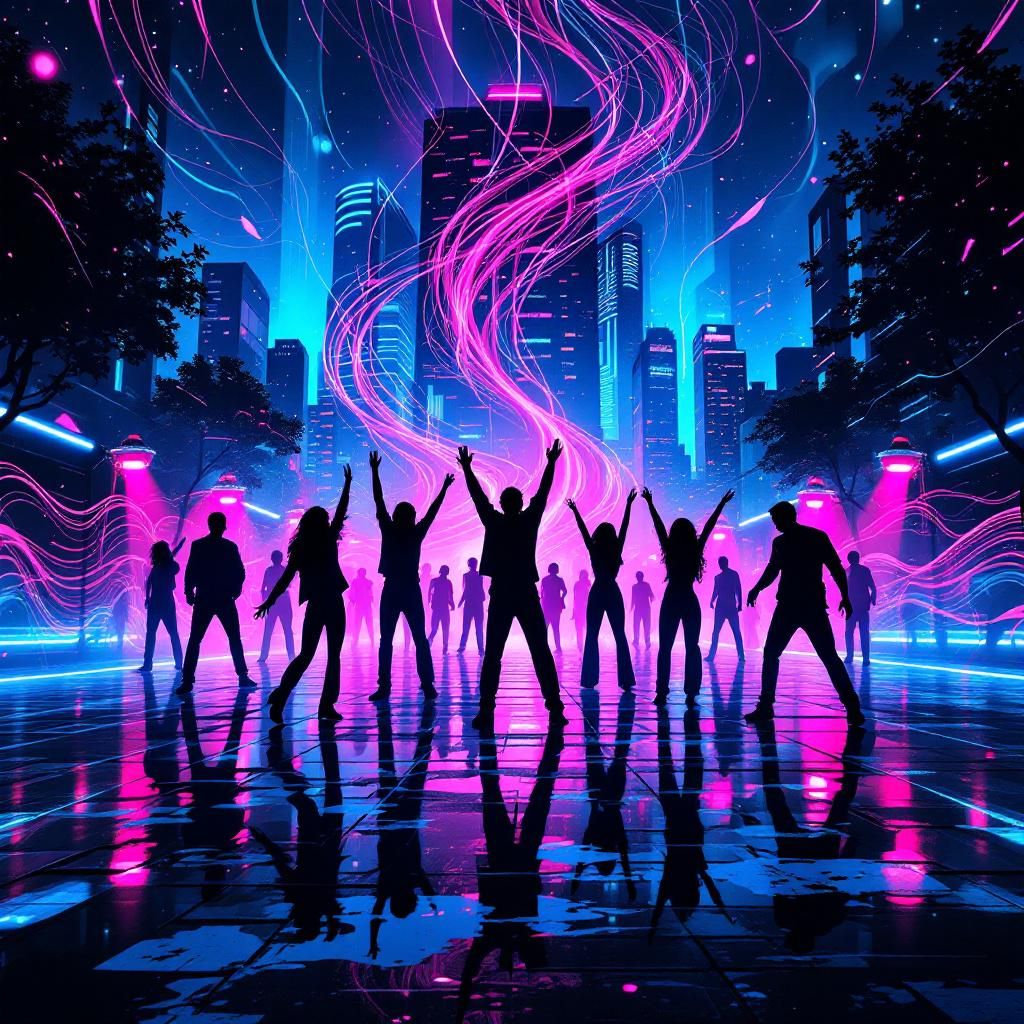 House AI Album Cover — A vibrant and abstract house music cover featuring dynamic silhouettes of people dancing in a city skyline at night; neon colors reflecting from the buildings, rhythmic patterns and flowing lights representing the beat; ethereal and psychedelic atmosphere, highly detailed, 8k resolution, capturing the essence of movement and energy, mood lighting with deep blues and bright pinks