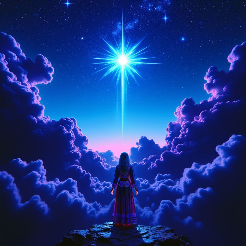 Metal AI Album Cover — A surreal album cover featuring a vibrant blue sky with a shining star above dark clouds; metallic textures and ethereal lighting create a mystical atmosphere; depicting a figure reaching upwards through the clouds, psychedelic colors emphasizing the contrast of light and dark, highly detailed, perfect for a metal genre, 8k resolution
