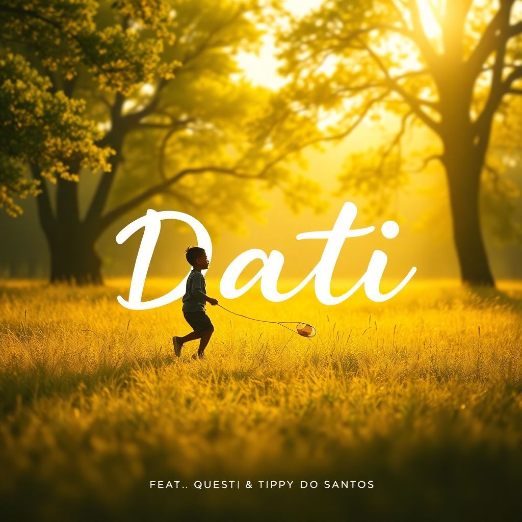 R&B AI Album Cover — A nostalgic, dreamy album cover for 'Dati', featuring two silhouettes of children playing in a field, warm sunlight filtering through trees, vibrant colors of yellow and green; the title 'Dati' elegantly integrated within the scene using a soft, handwritten font, creating a whimsical, ethereal atmosphere; highly detailed, 8k resolution, evokes memories and warmth.