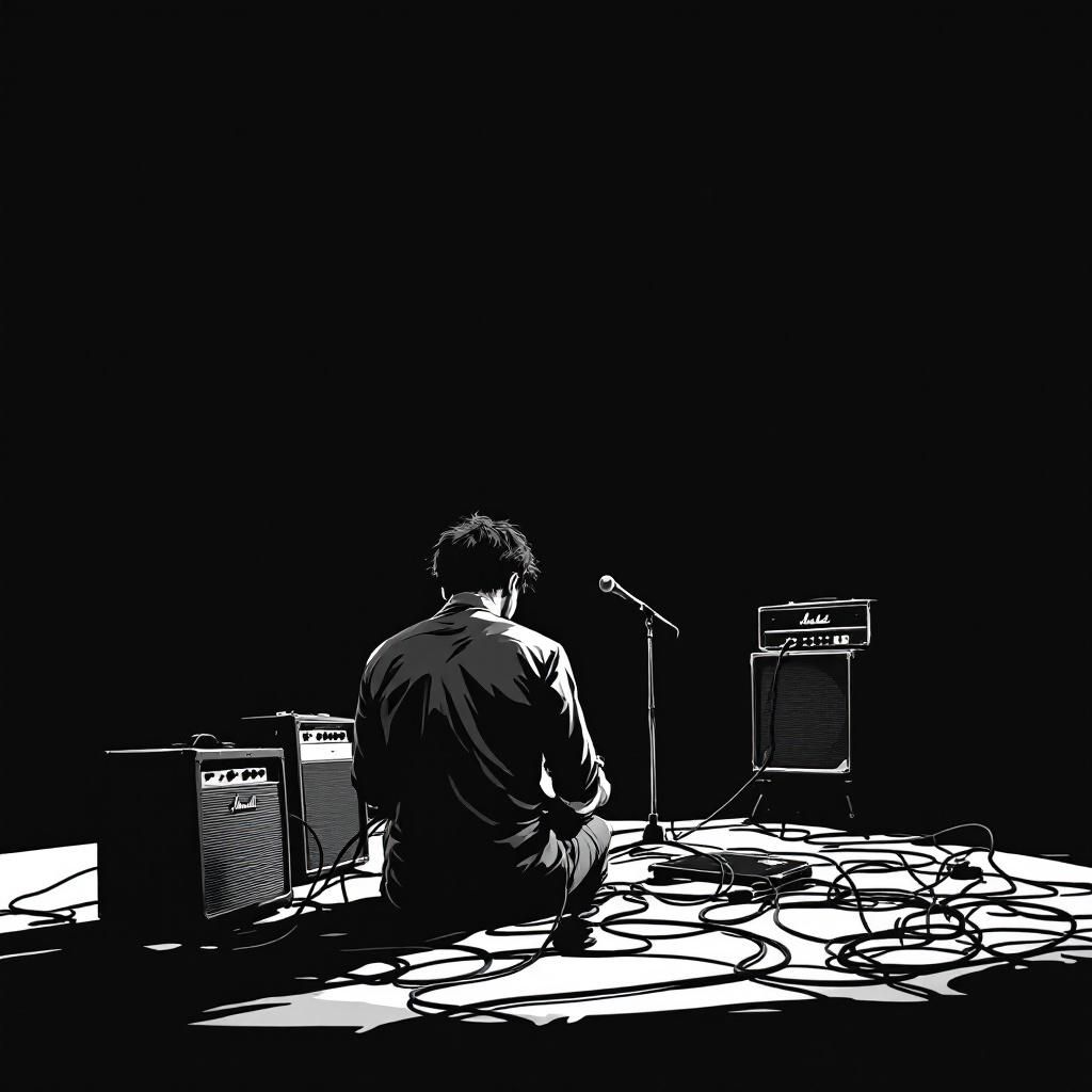 Alternative AI Album Cover — A minimalist illustration of a lone figure playing guitar, countless cables intertwining and leading into vintage guitar amplifiers; set against a stark black background, emphasis on outlines and shadows, ethereal lighting, high contrast monochrome, highly detailed, professional quality, 8k resolution.