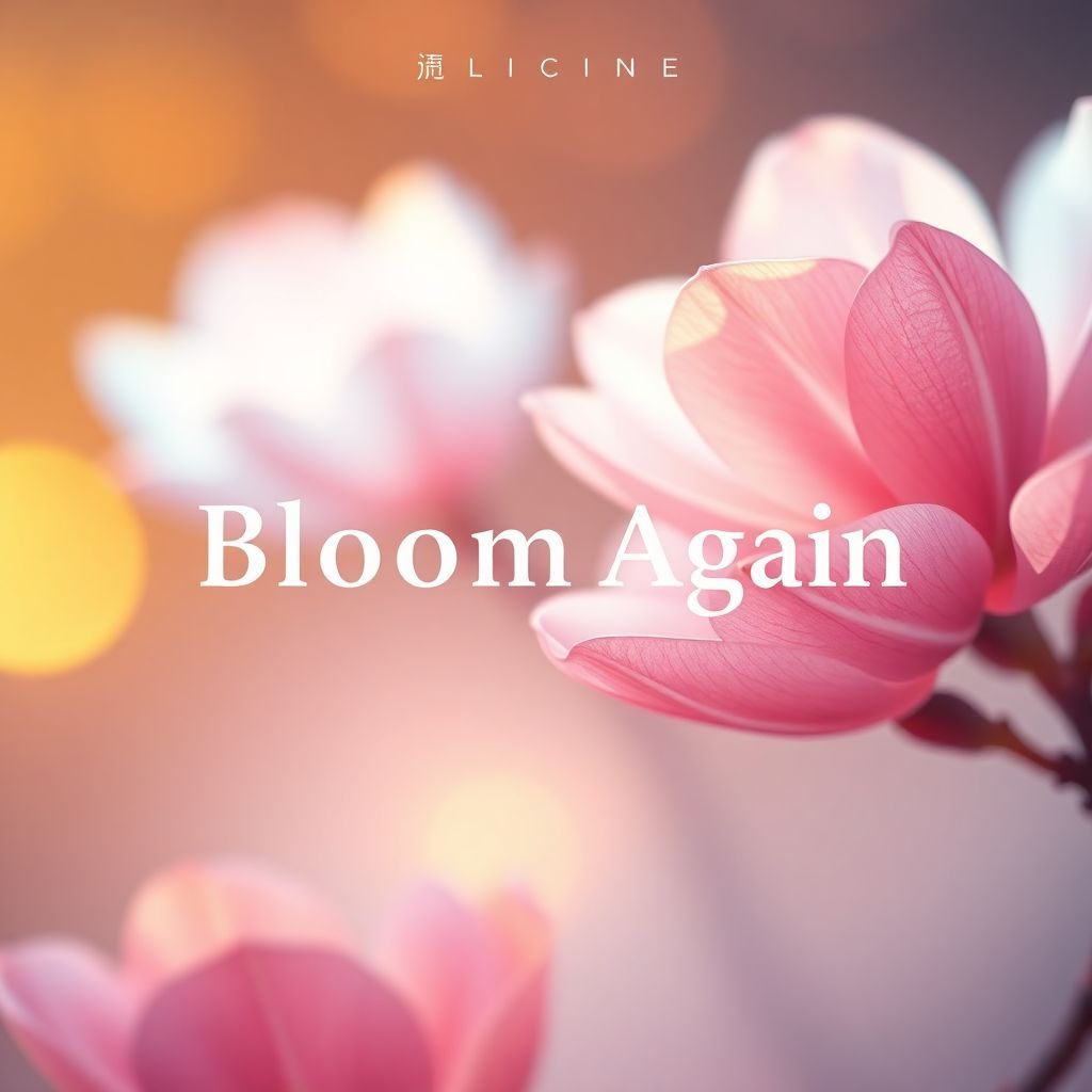 K-Pop AI Album Cover — An ethereal K-pop album cover showcasing glowing petals and soft-focus backgrounds with cinematic lighting; minimalistic in design with a touch of dreamy watercolor textures, rich warm hues, and clear typography saying 'Bloom Again'; photorealistic, 8k quality, soft atmosphere