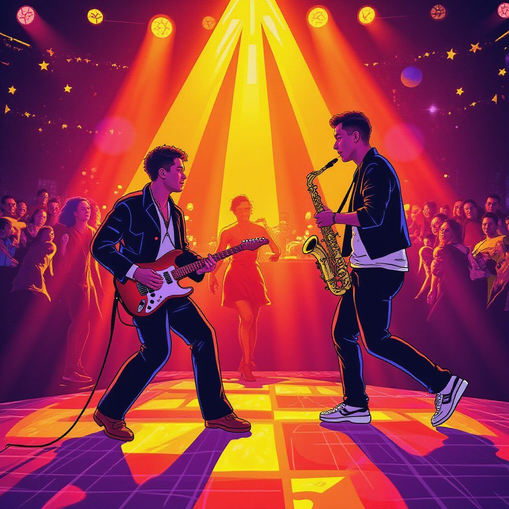 Funk AI Album Cover — A vibrant illustration half of a lively dance floor illuminated by disco lights, with hand-drawn characters dancing joyfully. The other half features a dynamic, stylized saxophone player. Warm, bold colors of red, yellow, and purple; energetic, funky vibe, 8k resolution, highly detailed, cinematic lighting, and atmosphere.