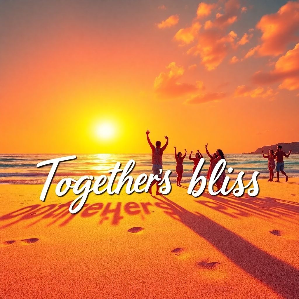 Reggae AI Album Cover — A vibrant reggae-inspired album cover featuring a sun-kissed beach scene with people joyfully dancing together; the title "Togethers Bliss" integrated into the sandy shore in flowing, handwritten style; warm tropical colors, soft lighting creating a happy, tranquil atmosphere, highly detailed, 8k resolution