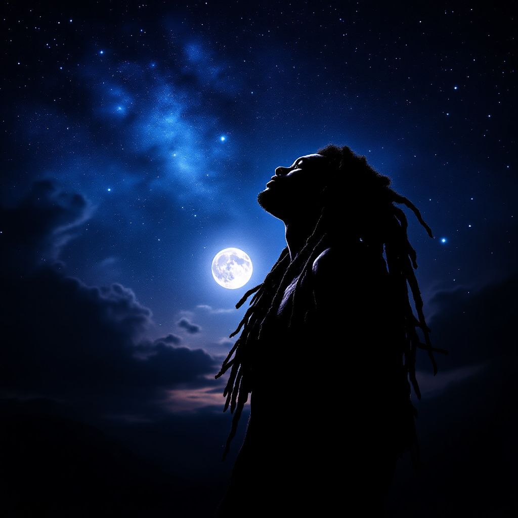Reggae AI Album Cover — Dreadlocked silhouette under a starry sky, ethereal style, cool blue and silver tones, soft moonlight, dreamlike and serene, professional, 8k resolution, masterpiece quality.