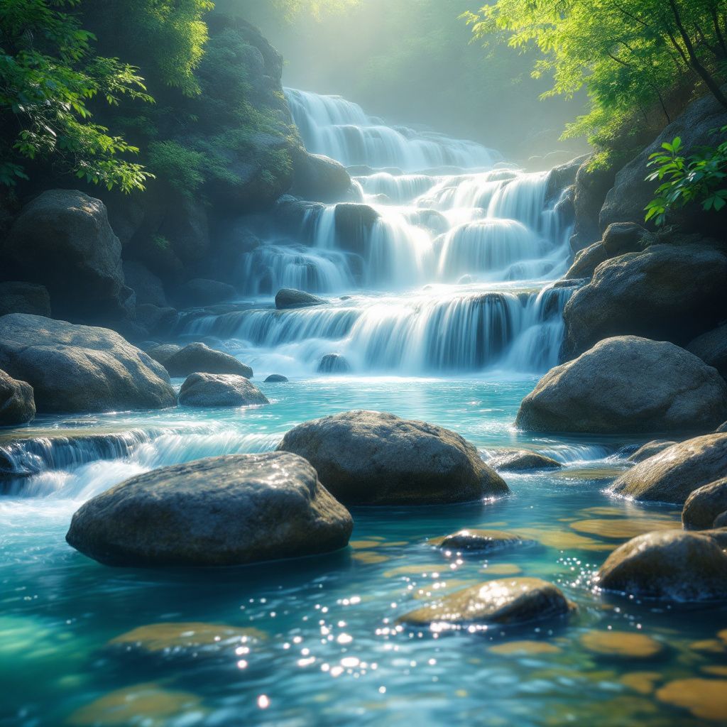 Meditation AI Album Cover — A gentle cascade over smooth stones, dreamy and ethereal style, 8k resolution, luminous lighting effects, aqua blues and serene greens, highly detailed and peaceful atmosphere