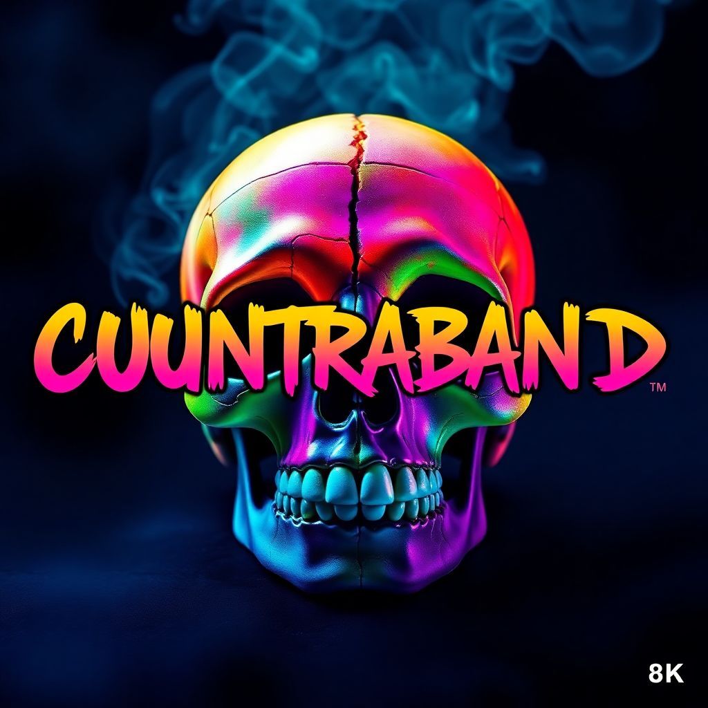 R&B AI Album Cover — A vibrant and edgy album cover with the title "Cuntraband" prominently displayed in a bold, graffiti-style font; featuring a close-up of a cracked, colorful candy skull against a dark, smoky background; glowing neon hues, high contrast, highly detailed, emphasizing themes of temptation and allure, 8k resolution.