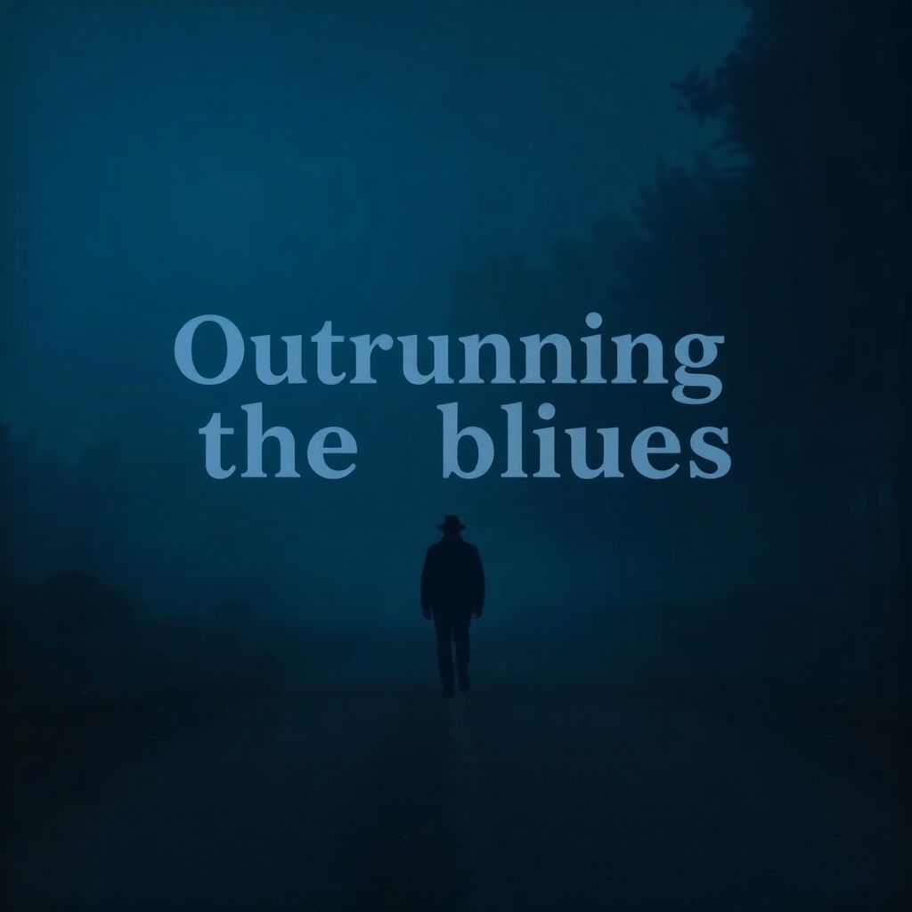Blues AI Album Cover — A melancholic blues album cover featuring a lone figure walking down a foggy road at dusk, with the title "Outrunning the blues" integrated into the mist; dark blues and muted grays, highly detailed, atmospheric lighting with soft shadows, 8k resolution, emotional and reflective feel