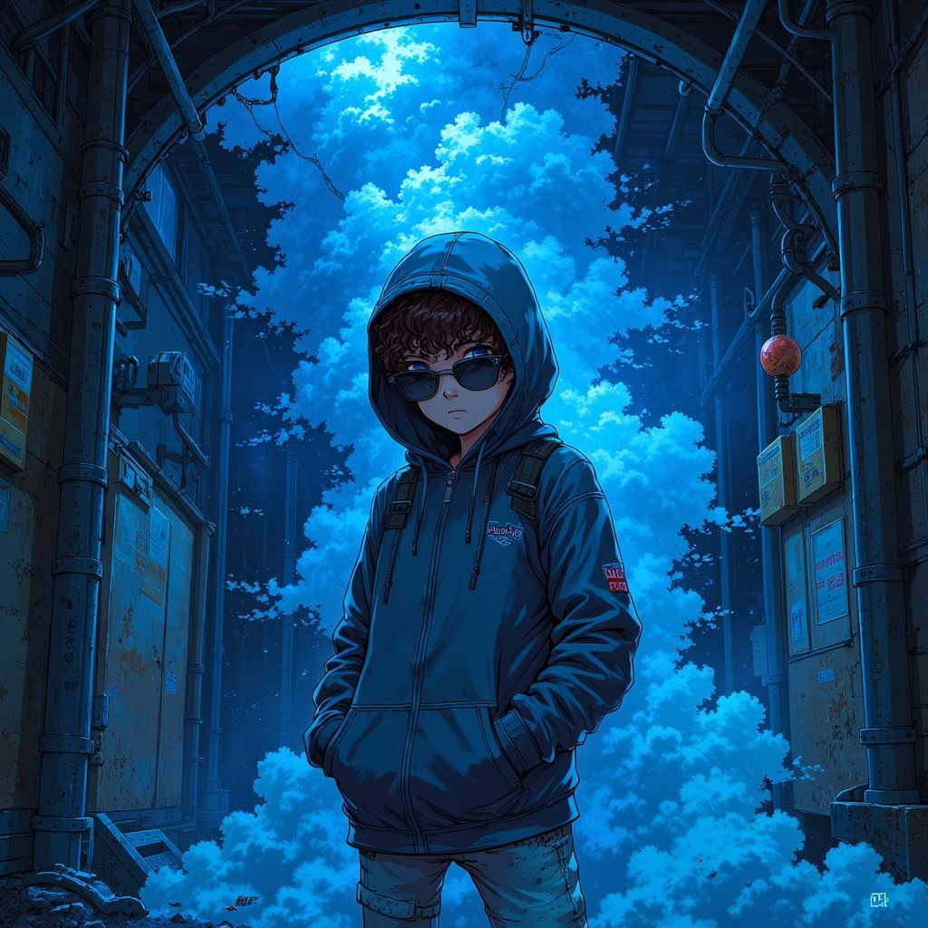 Trap AI Album Cover — An abstract Ghibsky-style album cover for 'Underground', featuring a brown-haired boy with curly hair, hooded and wearing sunglasses, enveloped in thick blue mist; scattered underground-themed objects, ethereal lighting, dark, moody atmosphere, rich blue color palette, 8k, highly detailed and artistic.