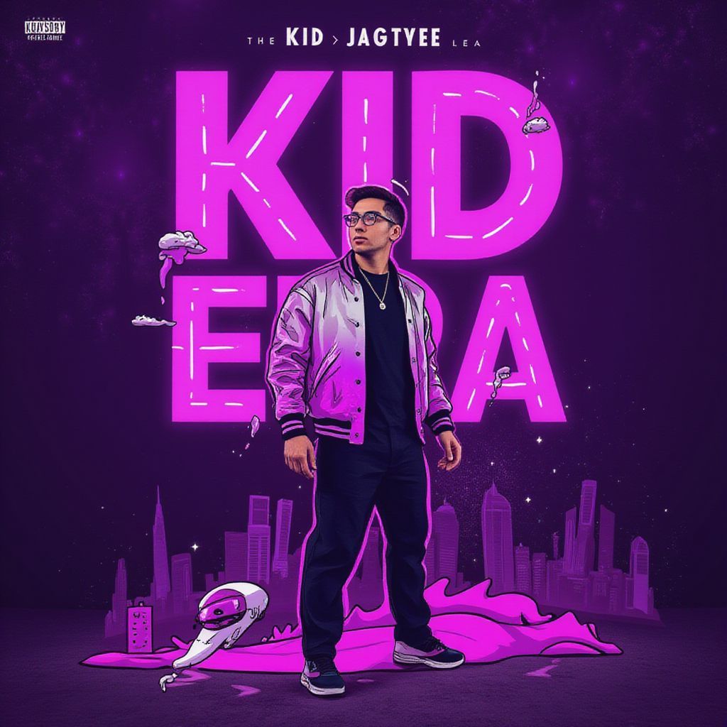 Trap AI Album Cover — A bold, modern hip-hop/trap album cover for 'KID ERA' by KID JAYVEE, featuring a striking half illustration of a futuristic urban landscape with abstract shapes and neon accents in purple and pink; minimalist composition, edgy typography for the artist name and album title, moody lighting, highly detailed, vibrant energy, 8k resolution
