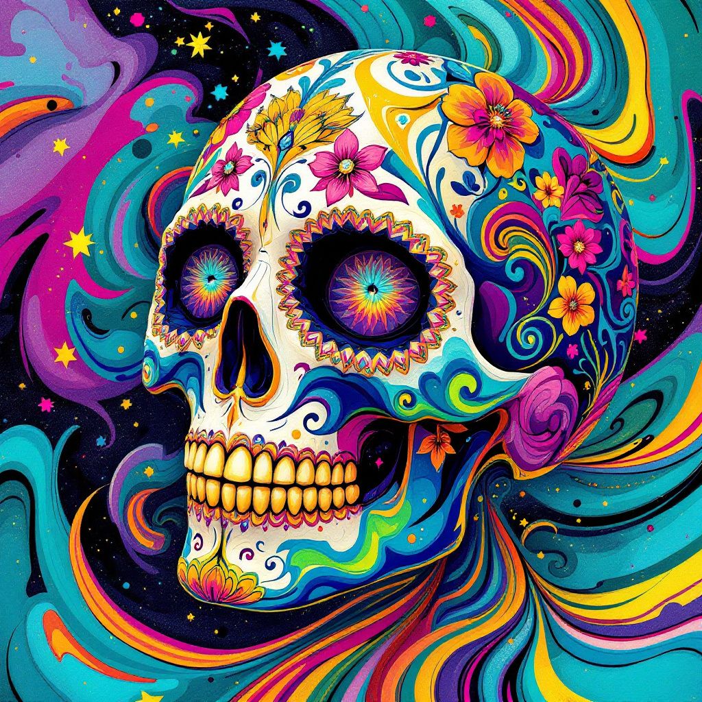 Latin AI Album Cover — An abstract calavera, psychedelic patterns, bold colors like turquoise and magenta, traditional motifs with a modern twist, highly detailed