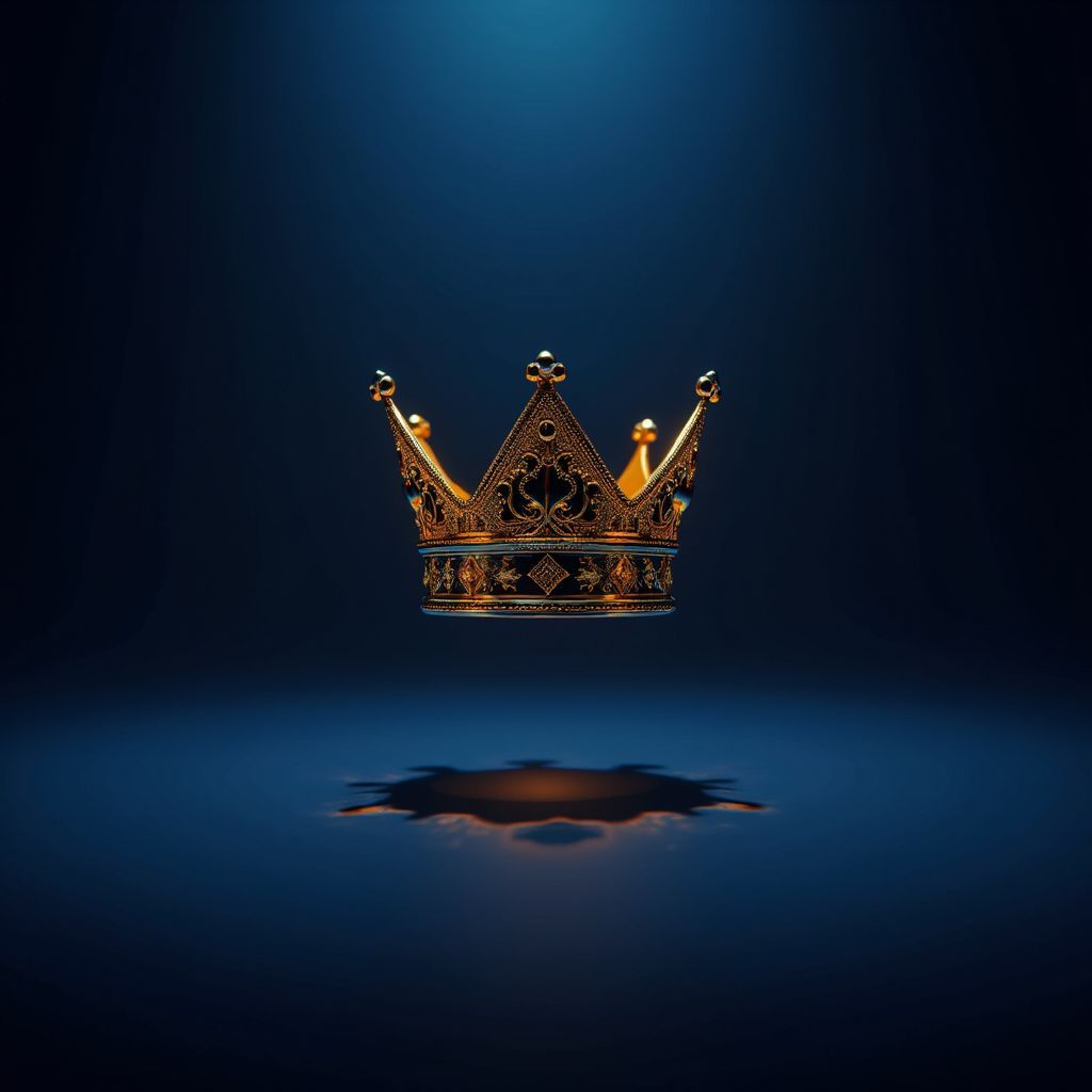Hip-Hop AI Album Cover — A stunning hip-hop album cover titled 'Lavish', featuring a minimalist design with a navy blue background and gold accents. The focal point is a stylized golden crown floating in a dreamlike atmosphere, illuminated by soft, ambient black light. The composition is ethereal and highly detailed, reflecting a sense of luxury and ambition; professional quality, 8k resolution.