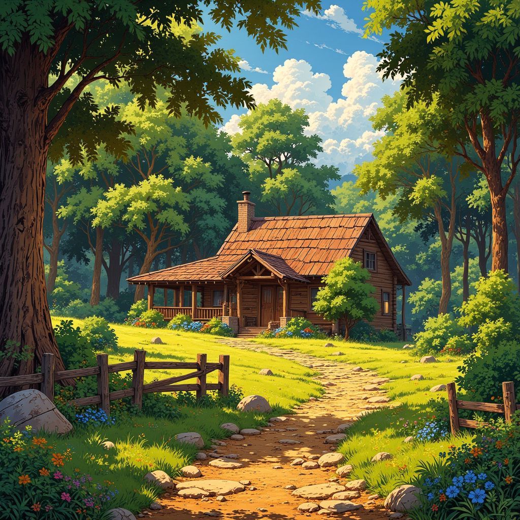 Country AI Album Cover — A warm, inviting illustration of a wooden cabin surrounded by a lush, sunlit forest; in the style of Ghibsky, rich textures, and earthy color palette with greens and browns, soft golden lighting, capturing the essence of country life, highly detailed and vibrant, 8k resolution