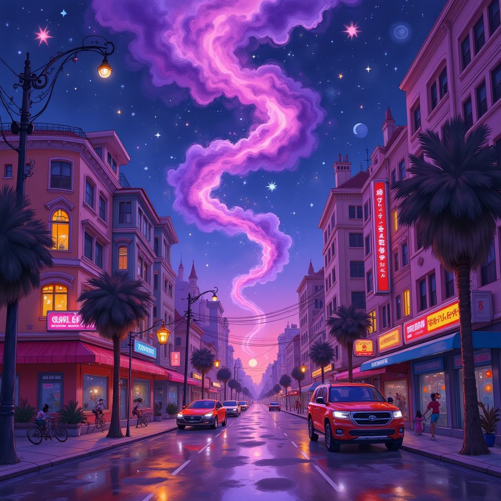 Hip-Hop AI Album Cover — Whimsical hip-hop album cover featuring a cosmic cityscape with twisted stars illuminating the night sky; vibrant colors of purple and gold, surreal elements blending urban art with celestial themes, neon lights reflecting in puddles, highly detailed and ethereal atmosphere, 8k resolution.