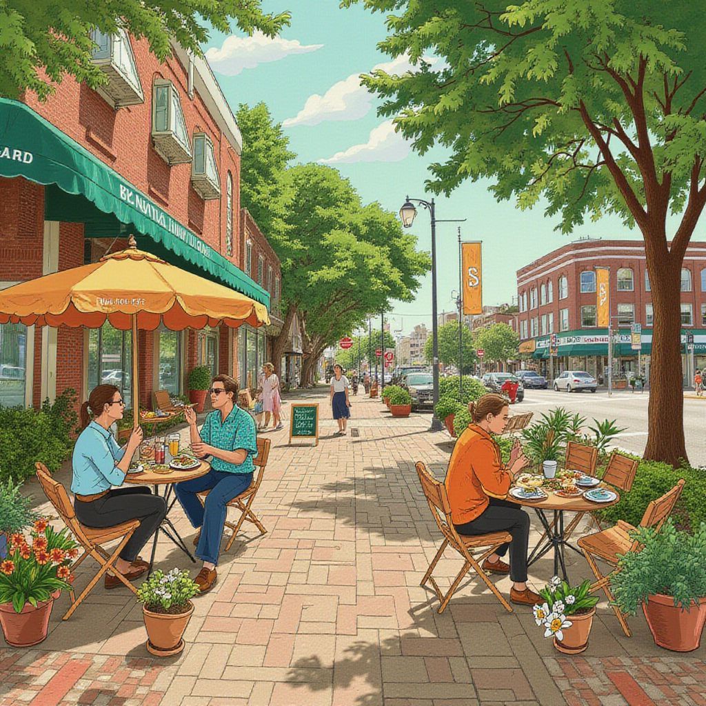 Folk AI Album Cover — A whimsical folk-inspired album cover featuring a charming outdoor dining scene in Greenville; half illustrated with hand-drawn elements of tables, flowers, and locals enjoying food, and half realistic photo showcasing the vibrant city; warm, inviting lighting, detailed textures, earthy color palette with greens and browns, 8k resolution, artistic blend of photo and illustration style