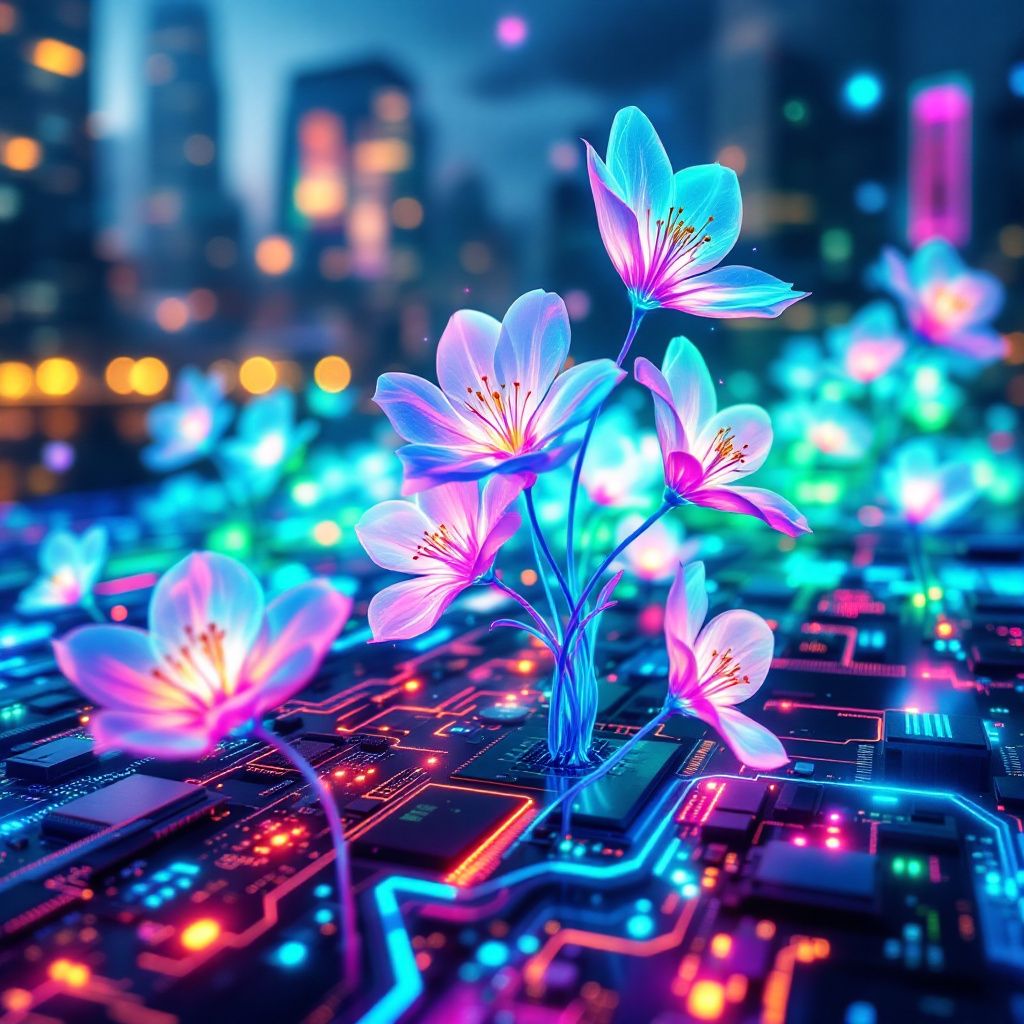J-Pop AI Album Cover — Fusion of nature with technology, digital flowers blooming on a screen, surreal vibes, neon colors, highly detailed rendering, abstract and professional