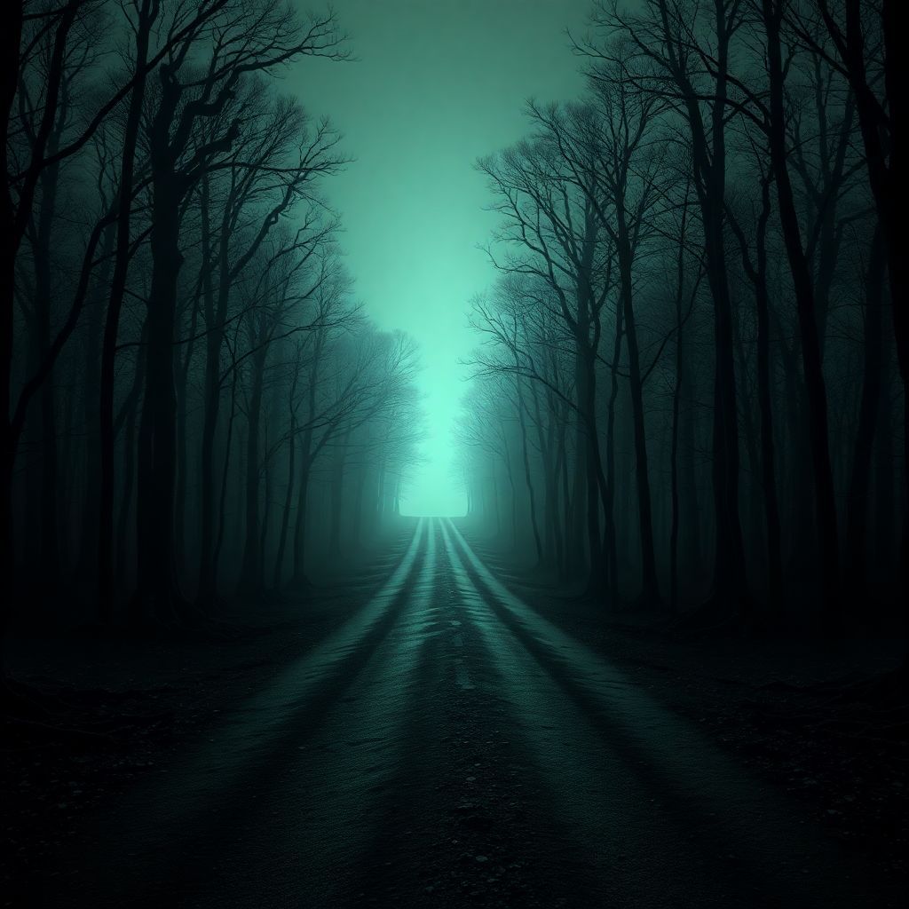 Metal AI Album Cover — A surreal metal album cover focused on a winding road disappearing into a misty black forest, with tree silhouettes on either side; the title "There are places still to see" integrated into the scene as gnarled roots; dark, moody atmosphere with highlights of ethereal green, highly detailed, 8K resolution, dramatic lighting.