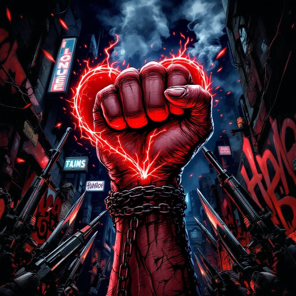 Punk AI Album Cover — A gritty punk album cover featuring a raised fist clutching a vibrant heart, surrounded by weapons like claws and guns; a chaotic urban background with graffiti and neon lights, dynamic angles, vibrant color palette with reds and blacks, high contrast and intense atmosphere, highly detailed, 8k resolution, evokes rebellion and empowerment
