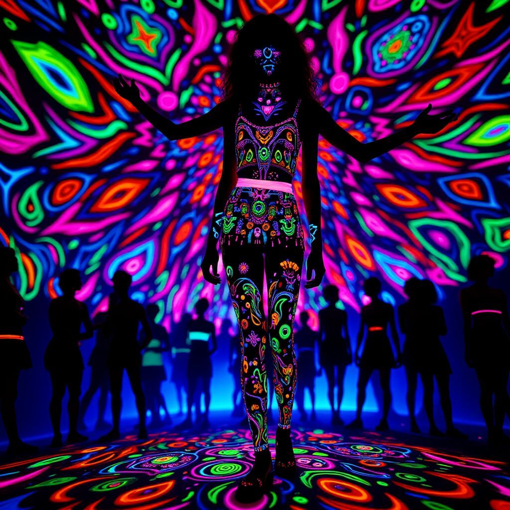 Afrobeat AI Album Cover — A vibrant black light illustration for an afrobeat album, featuring a glowing silhouette of a dancer surrounded by colorful African patterns; psychedelic colors like neon greens, blues, and pinks, ethereal atmosphere, 8k resolution, highly detailed, energetic and rhythmic feel.