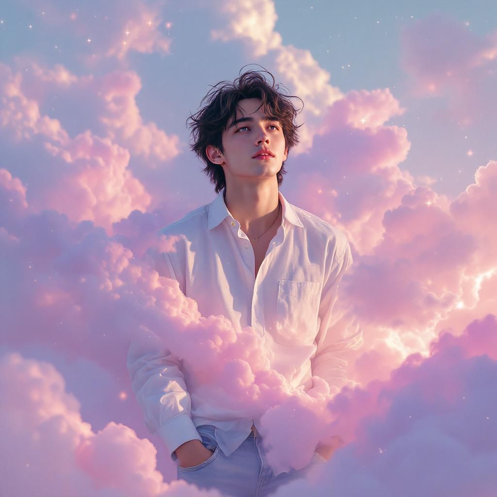 Pop AI Album Cover — A dreamy pop album cover titled 'Forever Boy', featuring a young man with a whimsical expression, surrounded by floating pastel-colored clouds; vibrant and ethereal color palette with soft pinks and blues; surreal lighting with a gentle glow; highly detailed and photorealistic, inviting and nostalgic atmosphere, 8k resolution