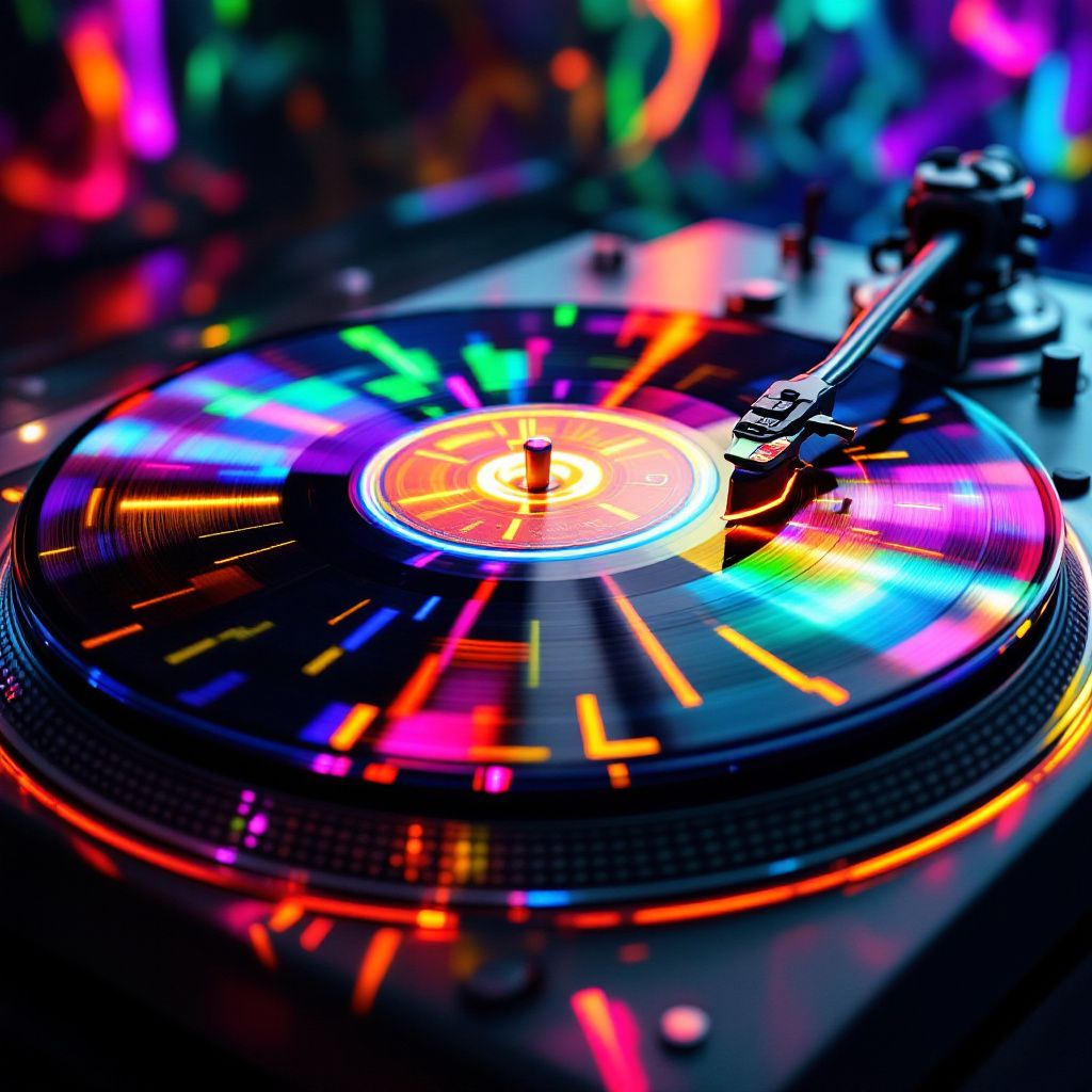 Soul AI Album Cover — Colorful vinyl record spinning, vibrant electric hues, dynamic motion effects, glowing highlights, hypnotic and psychedelic style, sharp focus, 8k resolution, aesthetic masterpiece