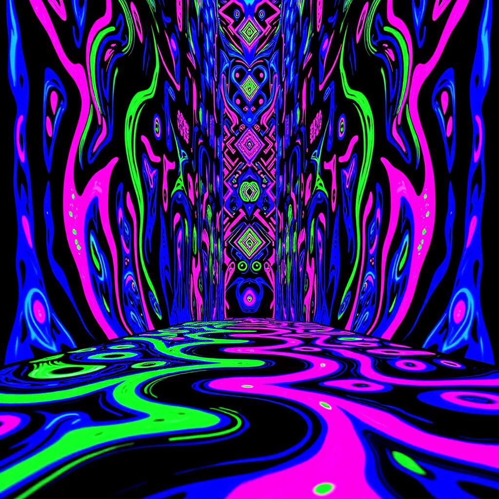 Electronic AI Album Cover — A vibrant psychedelic illustration for an electronic album cover, featuring abstract geometric shapes and flowing liquid forms; neon colors like electric blue, magenta, and lime green, creating a mesmerizing black light effect; high detail, dreamlike atmosphere, 8k resolution, capturing a chill vibe.