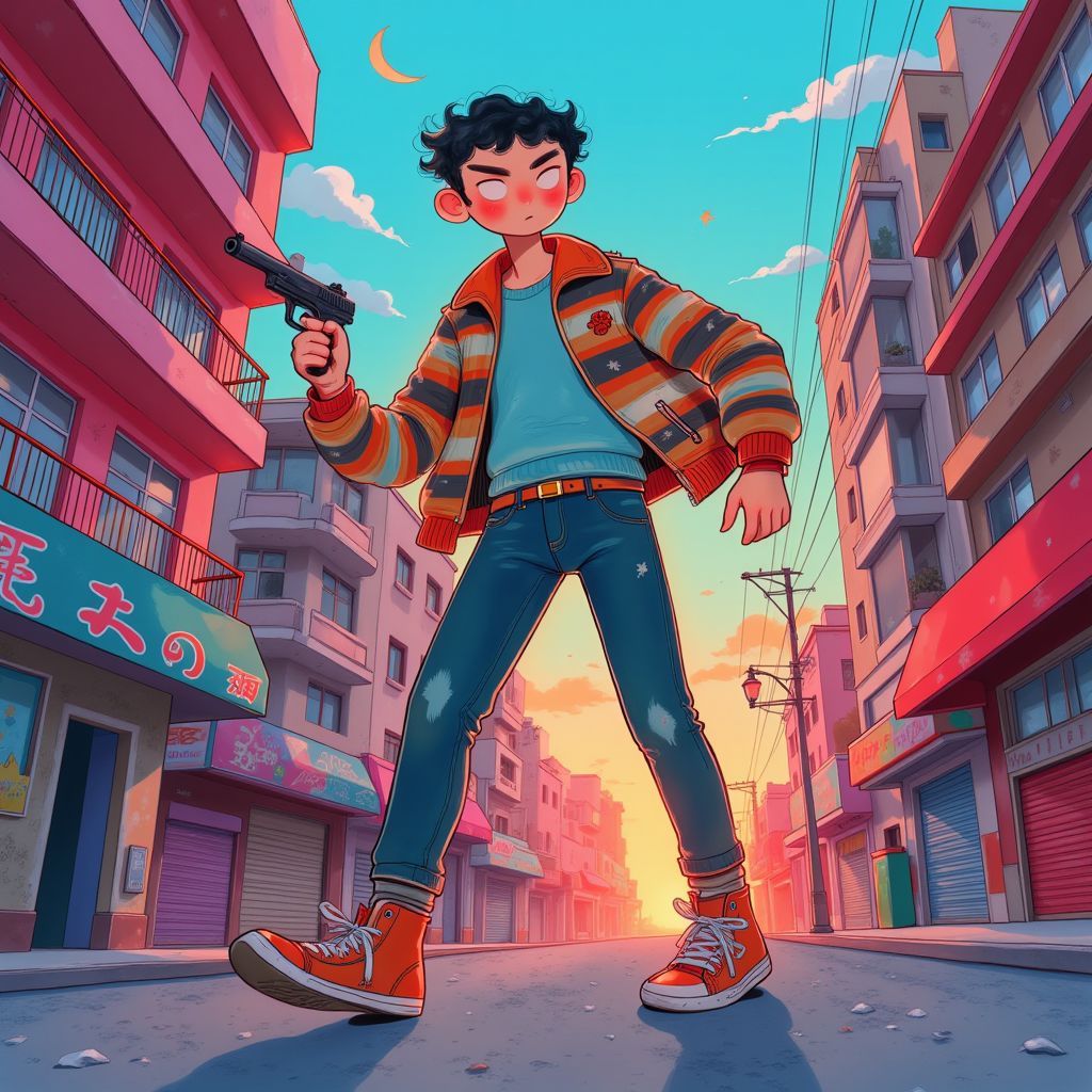 Trap AI Album Cover — A young man dropping a gun while fleeing, set in a surreal urban landscape; vibrant colors and a psychedelic atmosphere, dynamic lighting capturing movement; highly detailed, sharp focus, creating a sense of urgency and emotional conflict, 8k resolution.
