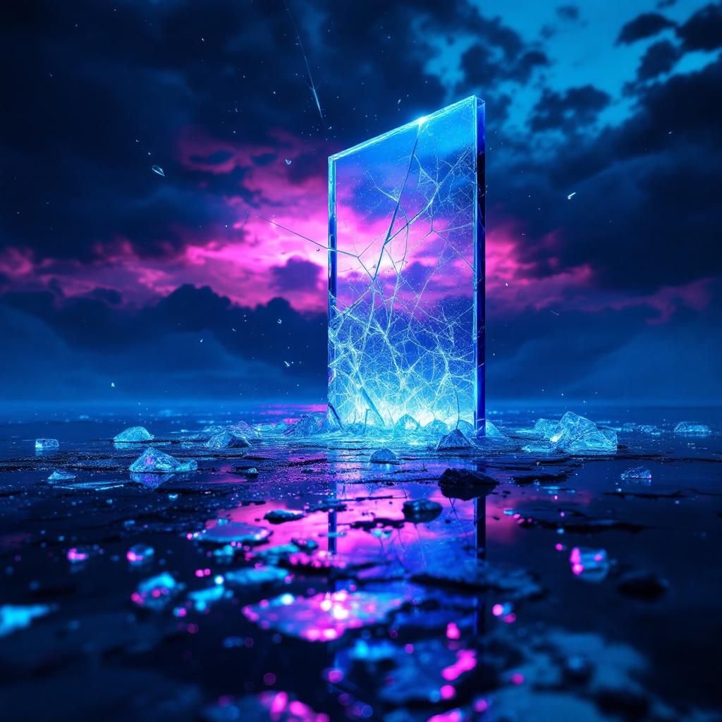 Alternative AI Album Cover — A surreal alternative album cover depicting a shattered glass reflection under a neon sky; ethereal lighting and soft shadows create a moody atmosphere, with shades of dark blue and violet; highly detailed with dreamlike textures, capturing themes of pain and rebirth, 8k resolution.