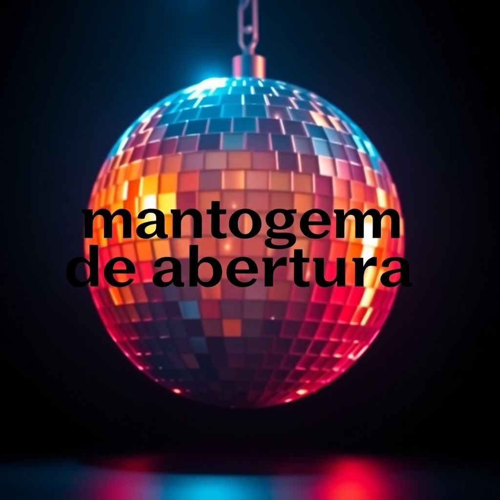 Funk AI Album Cover — A minimalist design showcasing a close-up of a disco ball reflecting lights; the title 'montagem de abertura' stylishly overlaying the ball in a sleek, modern font; contrasting dark background to highlight bright colors; moody yet inviting atmosphere, 8k resolution, photorealistic, capturing the essence of nightlife