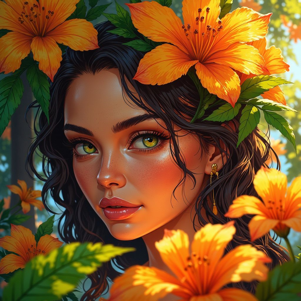 World AI Album Cover — A dreamy album cover featuring a beautiful woman with expressive eyes, surrounded by swirling mango-infused colors, ethereal light, and soft-focus elements; tropical flowers and lush greenery in a surreal style, conveying emotion and allure, cinematic lighting, highly detailed, 8k resolution