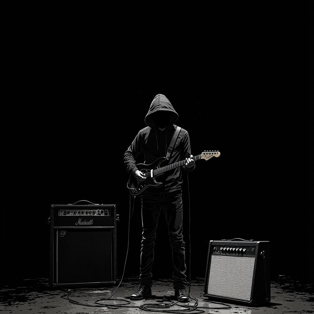 Indie AI Album Cover — A minimalist illustration of a lone figure playing guitar, surreal cables intertwining from his body leading to vintage amplifiers; stark black background, ethereal lighting, high contrast monochrome, outlines and shadows prominent, emotional posture of pain, highly detailed, 8k resolution.