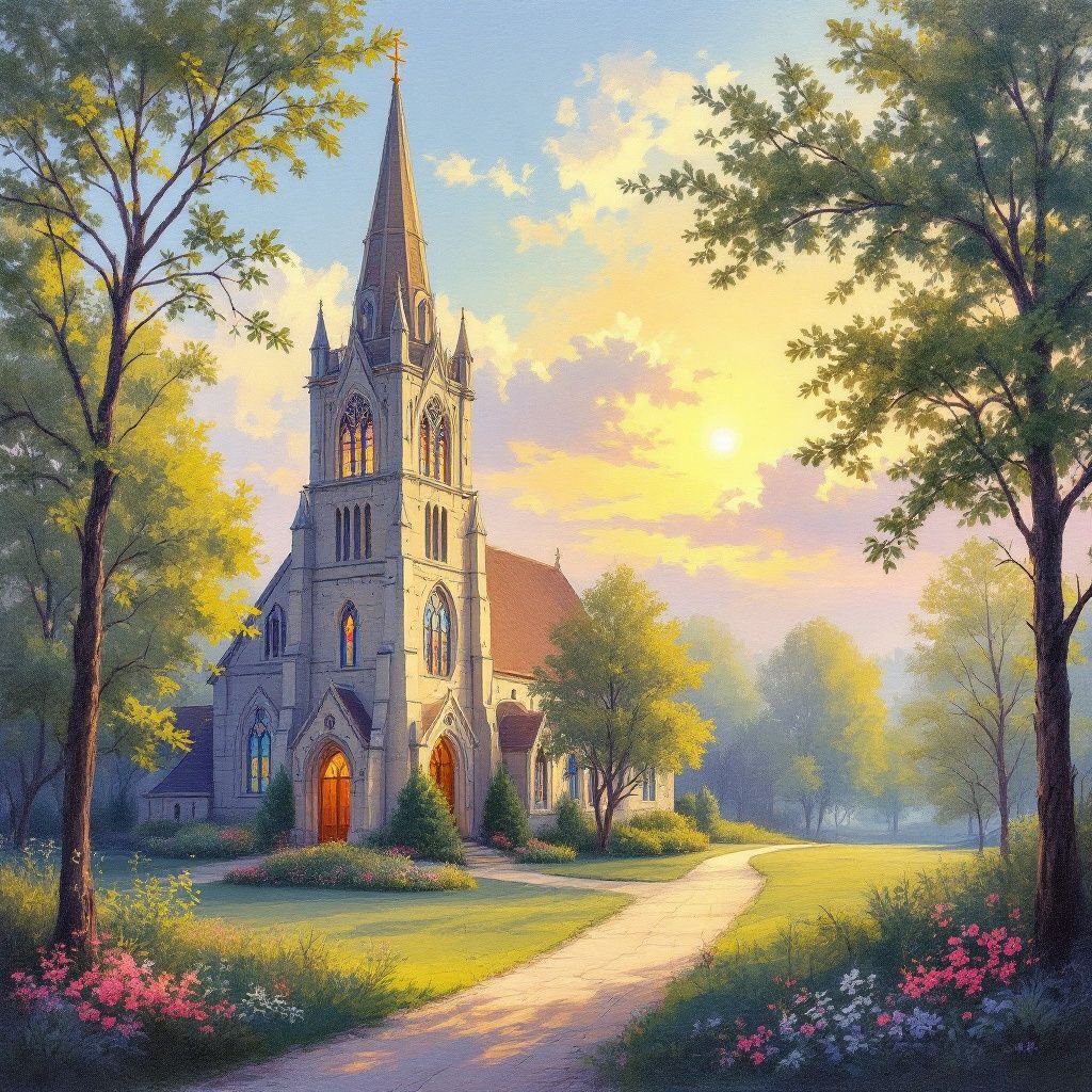 Gospel AI Album Cover — Sunrise over peaceful church, impressionist style, warm glow, soft light, calming yellows and pinks, photorealistic detail, high quality image