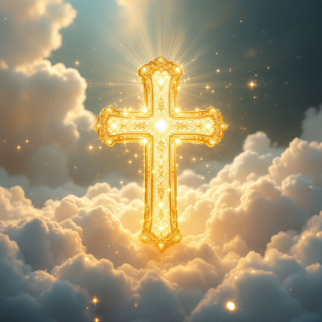 Gospel AI Album Cover — Gold cross illuminated by heavenly light, ethereal atmosphere, cinematic style, glowing aura, pastel shades of blue and gold, highly detailed, 8k resolution