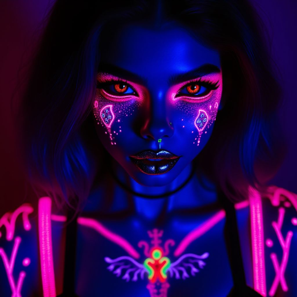 R&B AI Album Cover — A surreal illustration of a woman with alluring eyes under a black light, her body language expressive and captivating; vibrant colors like neon pink and electric blue, ethereal atmosphere, enhanced shadows, intricate details on facial expressions, reflecting the emotional depth of RnB, 8k resolution. 