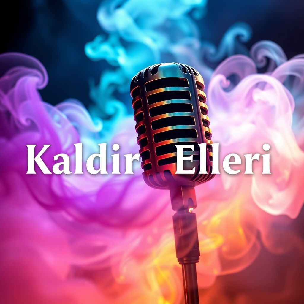 Jazz AI Album Cover — A surreal jazz-themed cover showing a microphone amidst swirling smoke and vibrant colors, depicting rhythm and energy; the title "Kaldır Elleri" is integrated into the smoke, ethereal glow and soft lighting, featuring a warm color palette with purples and golds, photorealistic detail, 8k resolution.