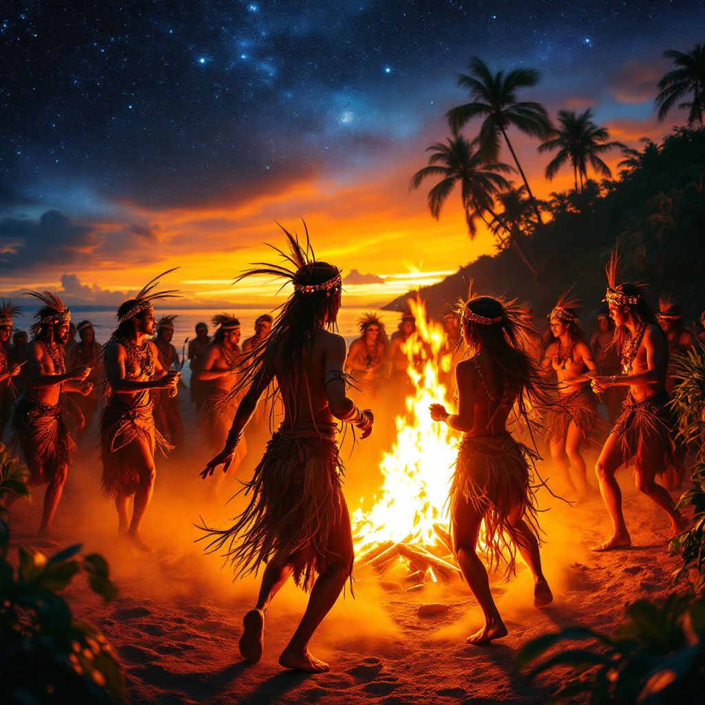 World AI Album Cover — An island celebration with tribal dancers around a bonfire, dream-like setting, vibrant oranges and yellows against midnight blue sky, detailed and surreal, cinematic quality, 8k resolution