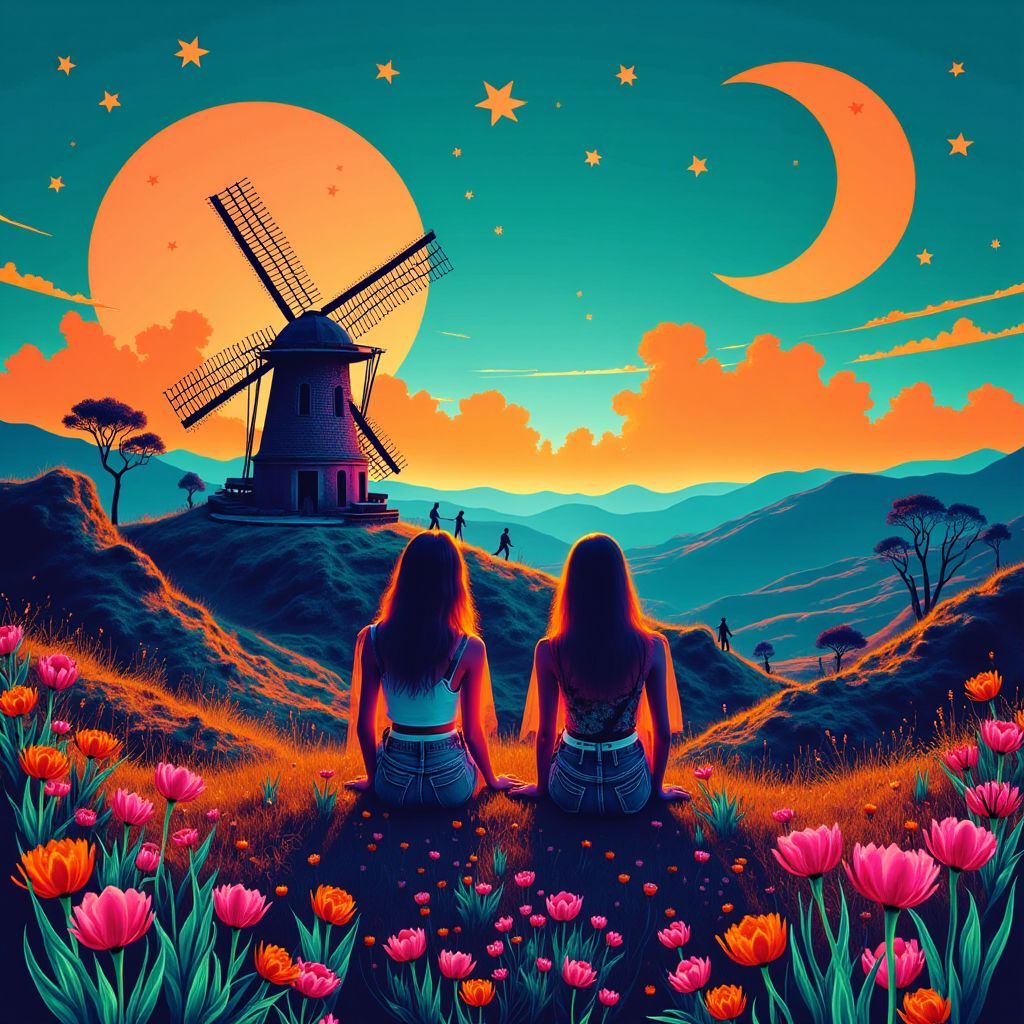 Folk AI Album Cover — A dreamy folk album cover featuring two hippies sitting on a hill, overlooking a valley with a derelict windmill; illustrated in a nostalgic 1950s style, vibrant blue and orange tones dominate with black light elements; the design reflects a sense of peace and connection to nature, highly detailed, 8k resolution, ethereal atmosphere.