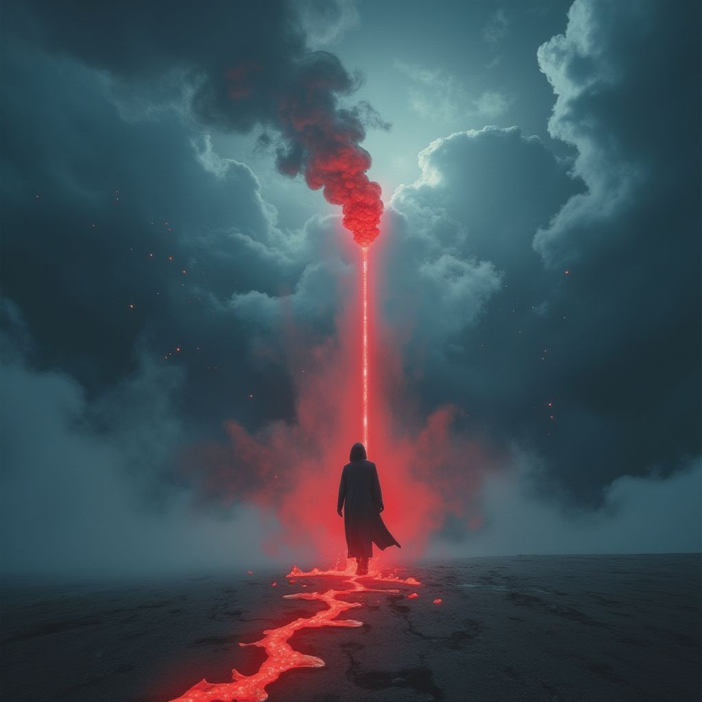 Rock AI Album Cover — A surreal rock album cover featuring a faceless figure pulling a glowing red thread through a stormy sky, smoke and fractures appearing in the air, a ghostly silhouette fading into fog, dark moody atmosphere with cold metallic tones and crimson highlights, painterly realism, highly detailed, 8k resolution