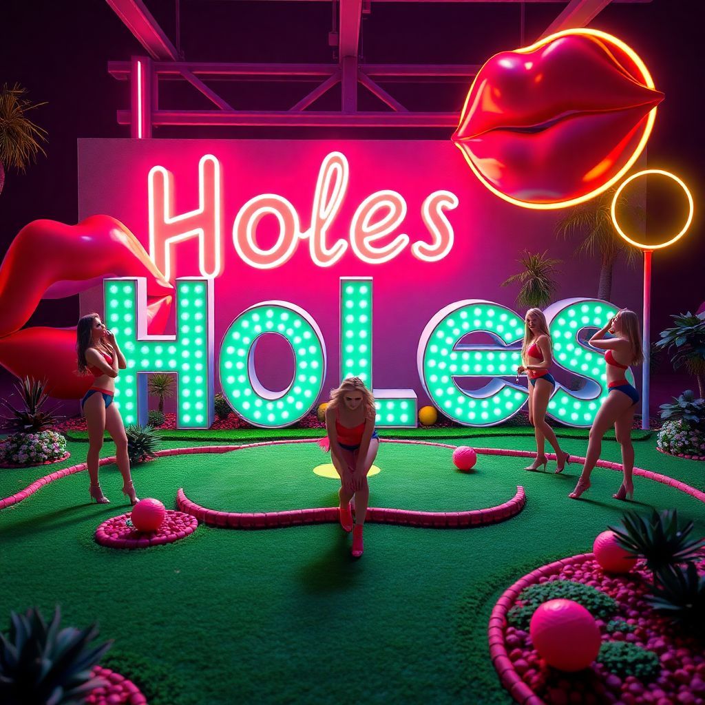 Soundtrack AI Album Cover — A vibrant 80s-style album cover featuring the title "Holes" integrated into a whimsical miniature golf course; exaggerated sculptures like giant lips, colorful neon lights, playful coeds in cheeky poses, bright colors, cinematic lighting, 8k resolution, highly detailed and photorealistic; nostalgic and sexy vibe