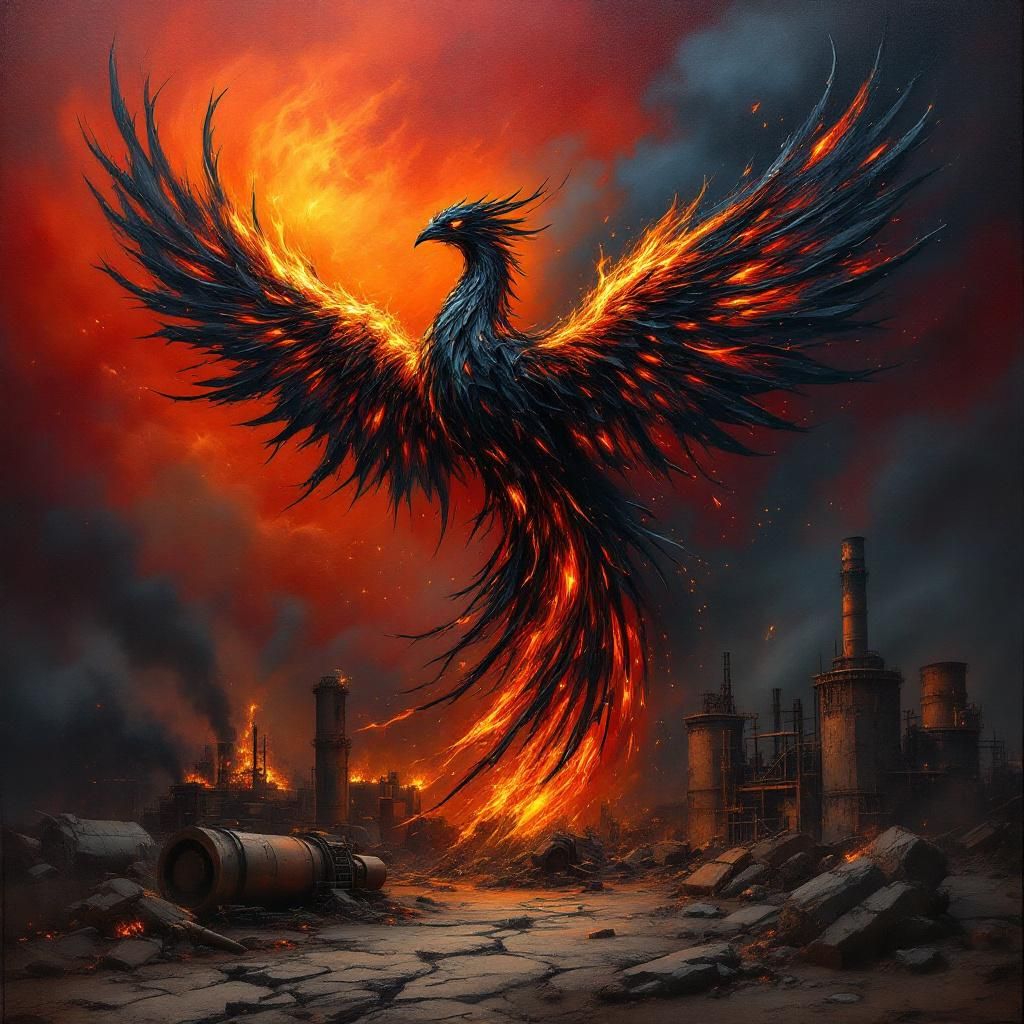 Techno AI Album Cover — An abstract phoenix rising from a burning industrial landscape, depicted with flowing flames, thick smoke, and fragmented metal; dark oil painting style, apocalyptic techno vibe, high contrast lighting, rich textures, deep reds, burnt oranges, and heavy blacks; highly detailed, 8k resolution
