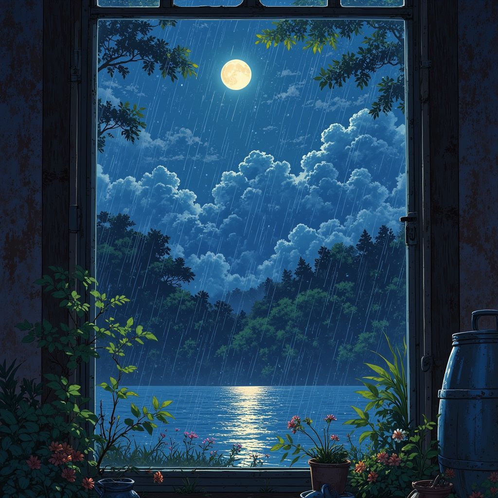 Meditation AI Album Cover — A serene illustration for 'Gentle Rainfall', depicting a tranquil window view with soft raindrops creating intricate patterns; ethereal and dreamy style reminiscent of Ghibsky, warm moonlight filtering through, muted blues and silvers; highly detailed and photorealistic, conveying calmness and introspection