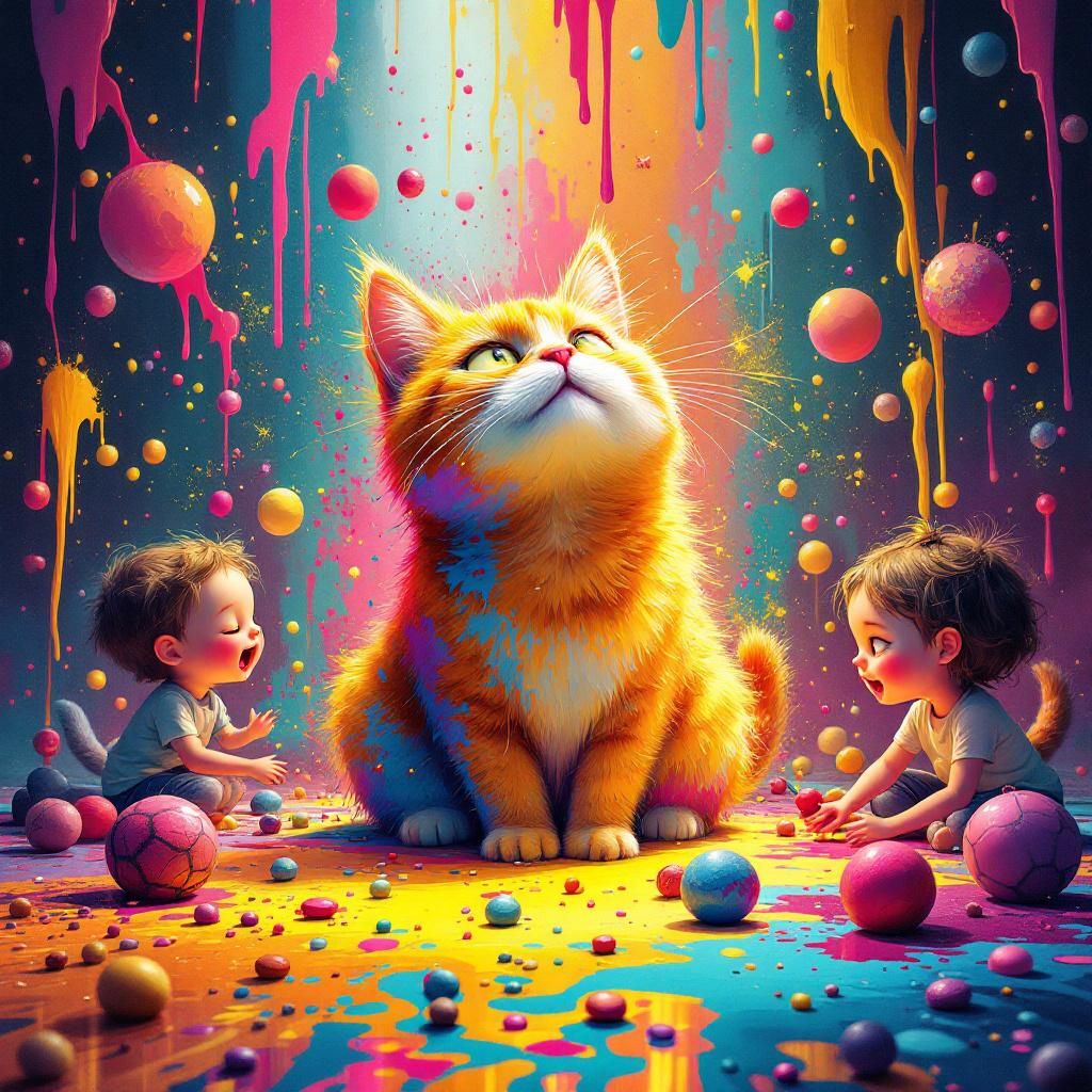 Dance AI Album Cover — A vibrant and chaotic music cover representing a 'madhouse' theme; colorful splashes of paint, abstract figures of a cat, children, and flying glitter; surreal elements and exaggerated expressions creating a joyful atmosphere; warm lighting effects, a playful color palette of yellows, pinks, and blues, 8k resolution, highly detailed and professional quality