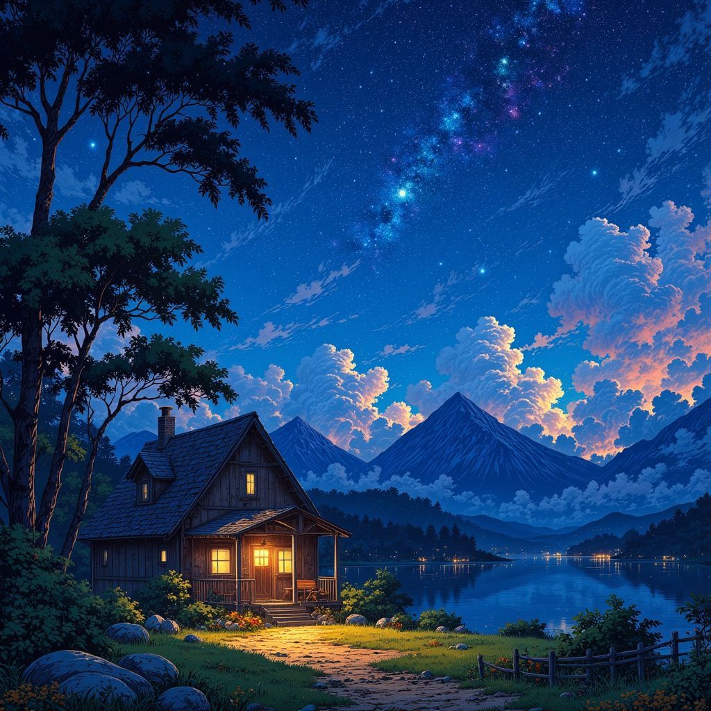 Folk AI Album Cover — A serene night scene depicting a cozy cottage nestled in the mountains, with a person sitting outside gazing at a starry sky; Ghibsky illustration style, ethereal and dreamy atmosphere, rich blues and soft yellows in the color palette, highly detailed and 8k resolution, evoking feelings of tranquility and wonder.
