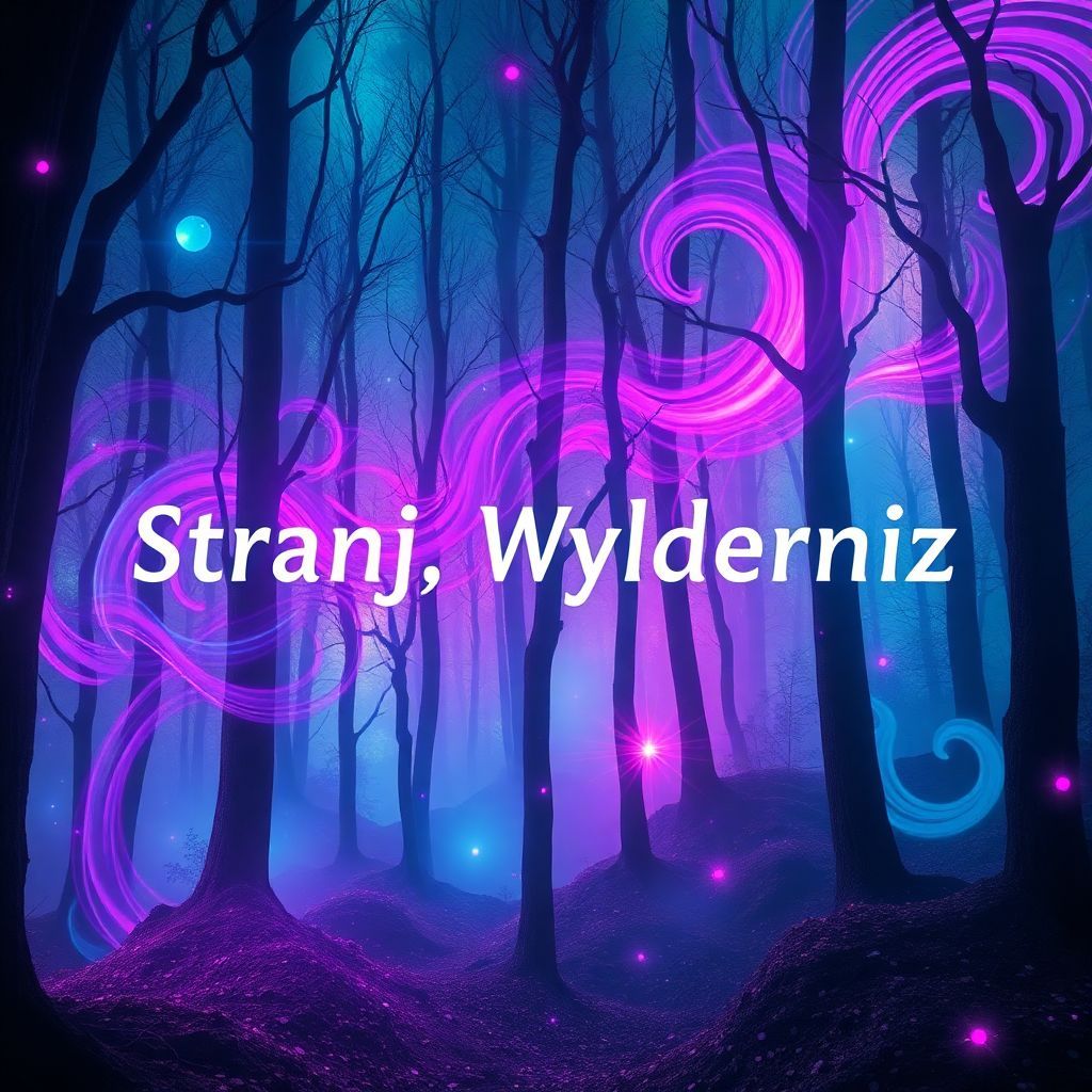 Electronic AI Album Cover — A surreal electronic music album cover featuring a dreamlike forest with swirling colors, ethereal lights, and abstract shapes; the title "Stranj Wylderniz" integrates organically among the trees, with vibrant purples and blues dominating the palette; highly detailed, 8k resolution, moody atmosphere, immersive visual experience.
