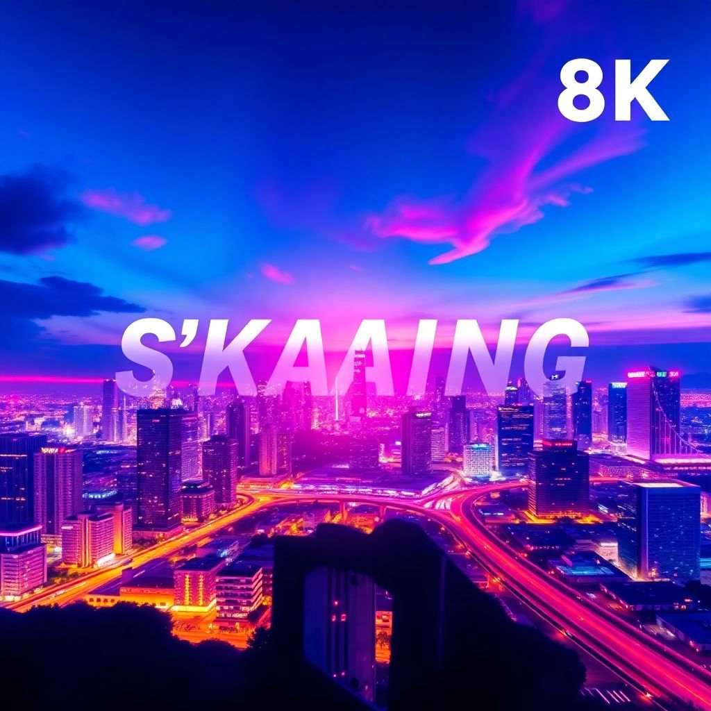 House AI Album Cover — A vibrant house music album cover featuring a dynamic city skyline at night, with glowing lights reflecting the energy of the song 'S'khala Sibaningi'; surreal blending of vivid colors—blue, pink, and purple—creating a dreamy atmosphere, the title incorporated with bold, modern typography intersecting the skyline, highly detailed, 8k resolution