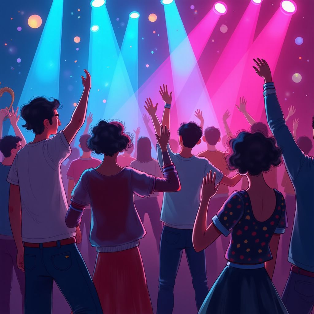 Jazz AI Album Cover — A vibrant jazz album cover featuring a lively crowd dancing with hands raised in an energetic atmosphere; bold colors like electric blue and neon pink, surreal light reflections, illustration style reminiscent of 1920s jazz culture, highly detailed, 8k resolution, capturing excitement and rhythm, with jazz instruments subtly included in the background.