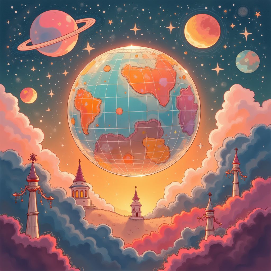 House AI Album Cover — A whimsical house album cover featuring a floating disco ball surrounded by colorful worlds, vibrant astrology signs, and playful clouds; ethereal and surreal style, warm lighting, a dreamy sunset palette, highly detailed, 8K resolution, immersive atmosphere