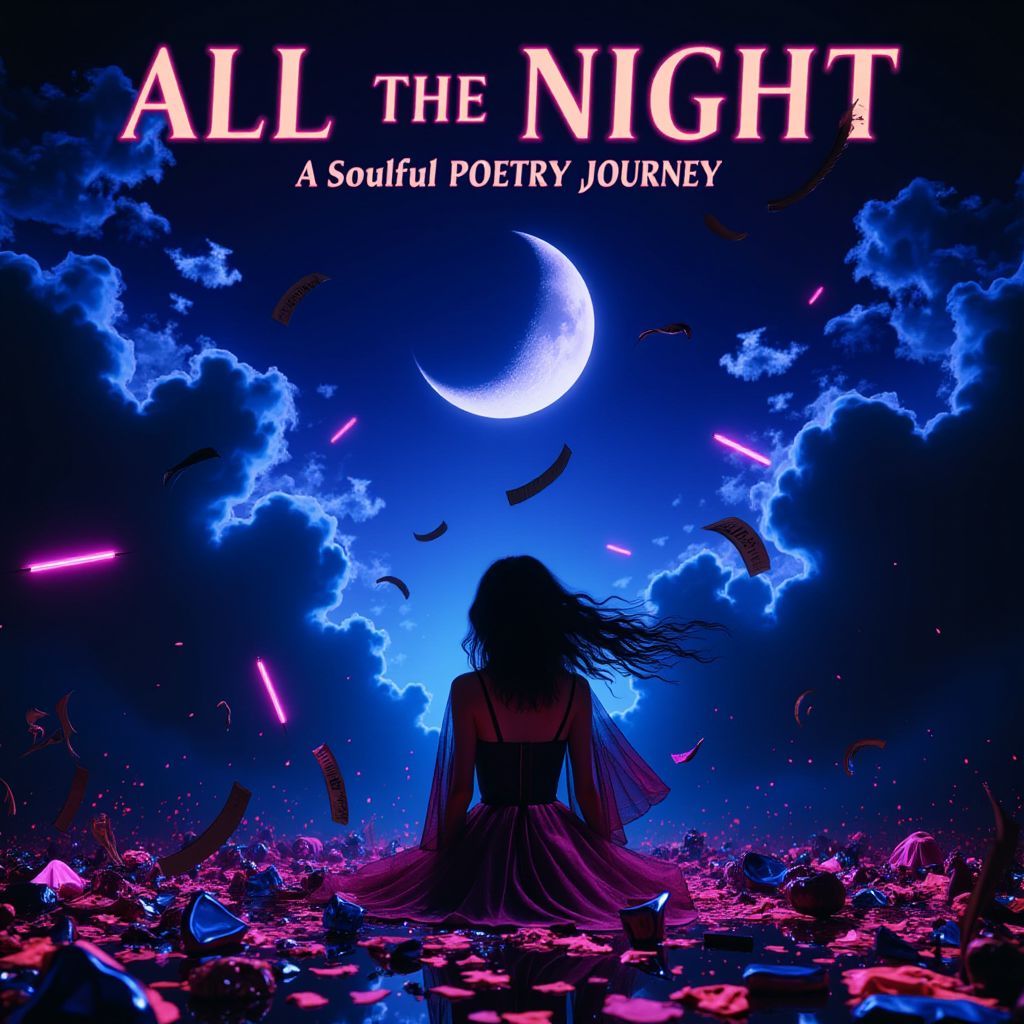 Soul AI Album Cover — A surreal nightscape under a glowing crescent moon, featuring a mysterious female figure with flowing dark hair in the distance. Surrounding her are shattered glass pieces dripping neon colors, a swirling silent storm cloud, and burnt letters flying in the air. The scene is dreamlike, melancholic, with midnight blue, violet, and soft golden hues. Elegant soft glowing serif font at the top reads 'ALL THE NIGHT — A Soulful Poetry Journey by Sahiba (feat. SK & DJ Raah)', highly detailed and ethereal, 8k resolution.