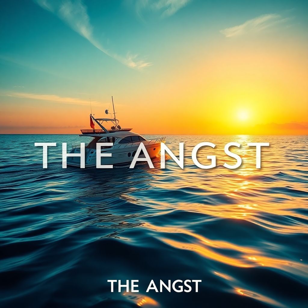 Disco AI Album Cover — A dreamy, ethereal album cover depicting a pleasure boat at sunset on the ocean, with flowing patterns of light reflecting on the water surface; bright hues of turquoise and gold enhance the disco vibe; the title "THE ANGST" thoughtfully integrated into the scene, minimalist aesthetic, sharp focus, high quality, photorealistic.