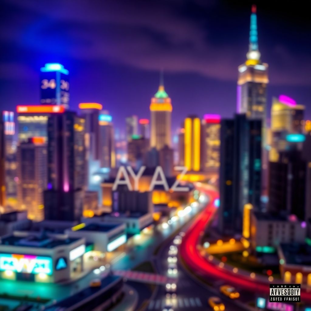 Hip-Hop AI Album Cover — A visually striking hip-hop album cover featuring a vibrant cityscape at night, with colorful city lights and a blurred depth of field. The title "REV6 - AYAZ" prominently integrated into the skyline; dynamic, photorealistic, cinematic lighting with a moody atmosphere. Colors include deep blues, vivid yellows, and striking purples, highly detailed and sharp focus.