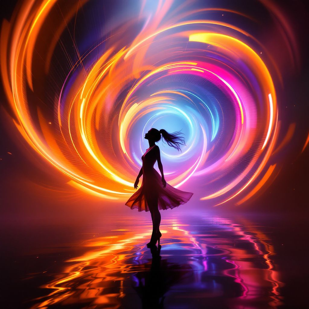 Dubstep AI Album Cover — Abstract neon trails depicting sound waves around a lone dancer in silhouette, psychedelic style, motion blur effect with soft focus, bright orange and deep violet spectrum, highly expressive and detailed